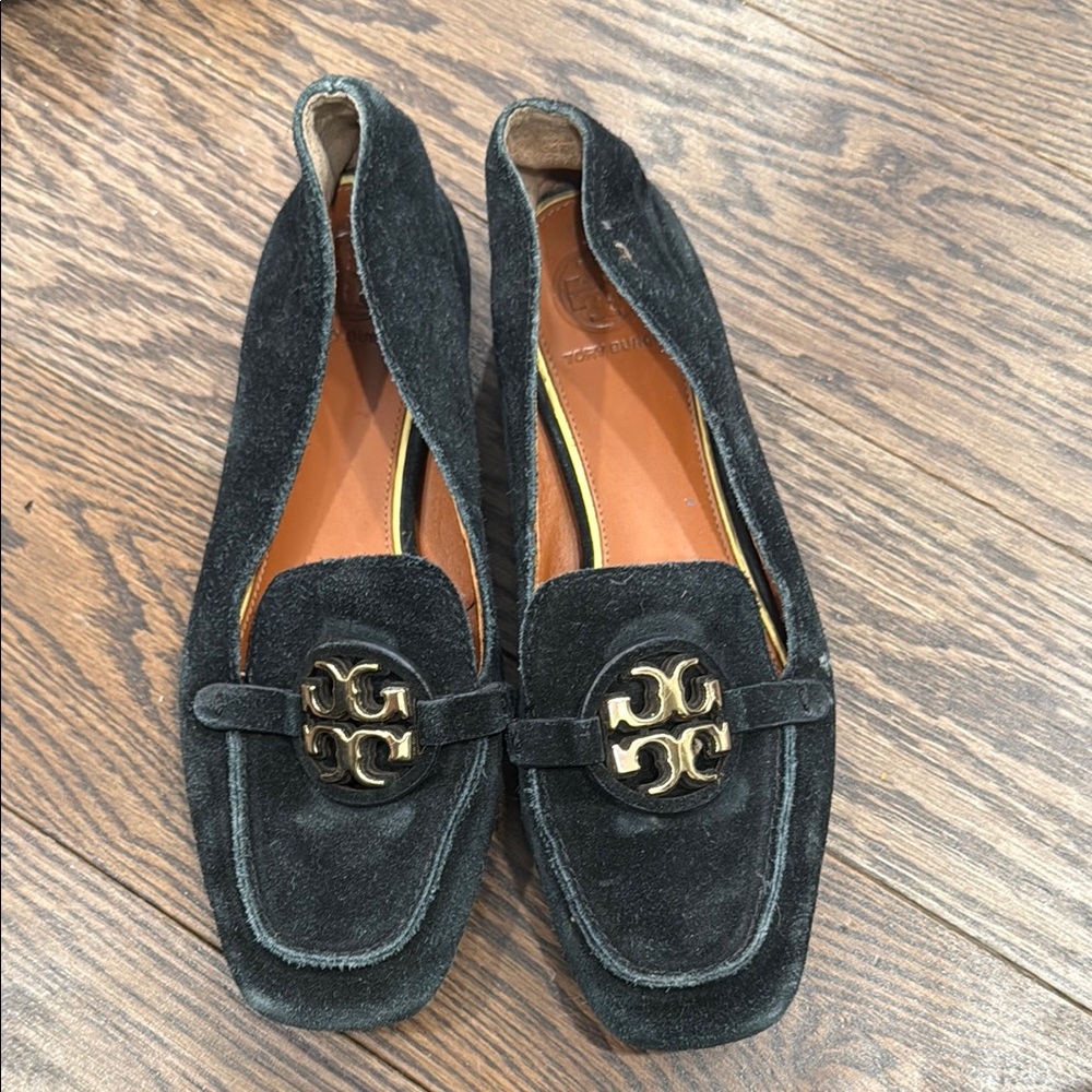 Tory Burch Black Velvet Loafers with Gold Accent